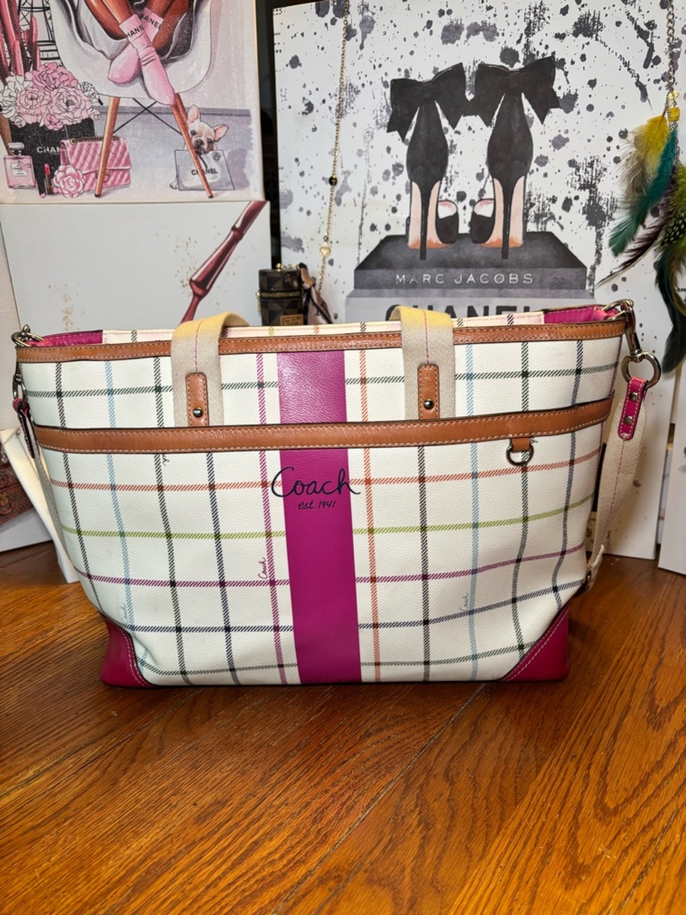 Coach Hamptons Tattersall Plaid Multifunction Diaper Tote F14792 Pink White